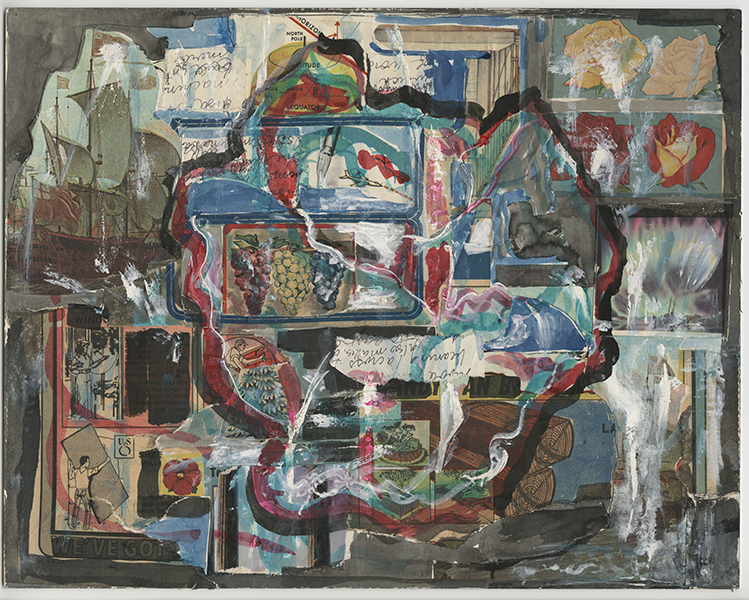collage with sweeping lines of white, red, black, and blue paint throughout; collaged clippings include images of roses, handwriting, lumber, an island, trees, people working construction, grape bunches, and a ship
