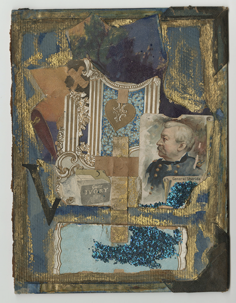 collage with blue and gold shapes, blue glitter, patterned clippings, the letters X and V, an ornamented heart, and an image of General Sheridan in profile