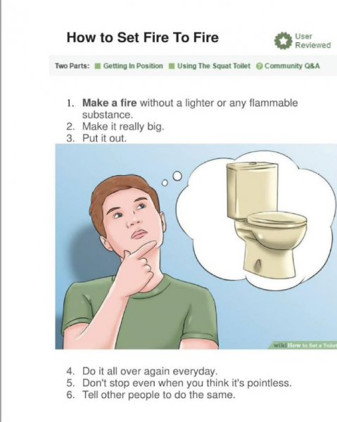 Image of person thinking about toilet with wikihow-style heading "How to Set Fire to Fire"