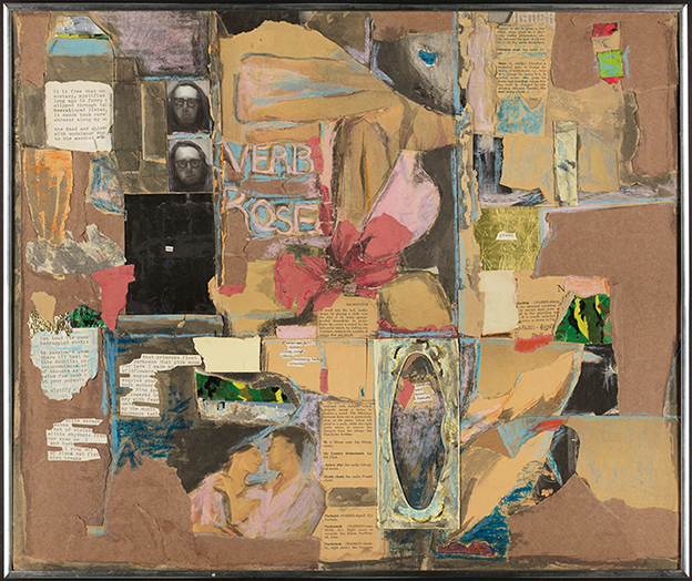 collage with many snippets of paper and text, with the words "verb rose" handwritten near the center; floral and figure drawings and two small images of a long-haired man wearing glasses are included.