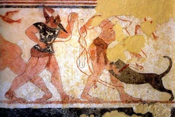 Phersu and his victim, Tomb of the Augurs, late 6th century B.C.E.,  Tarquinia