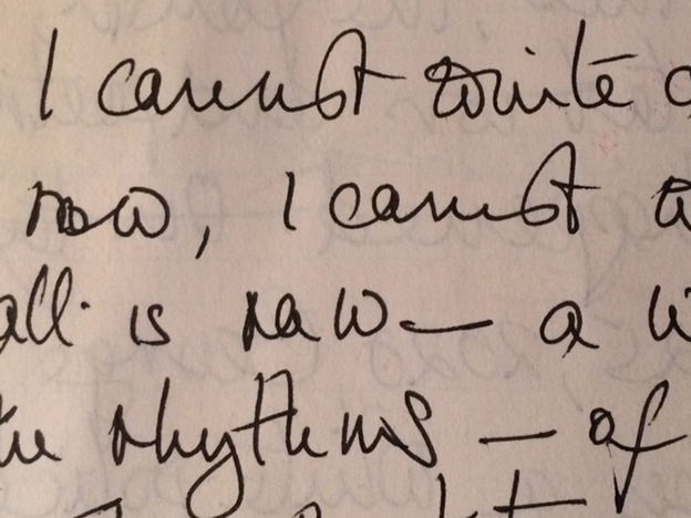handwritten portion of a note from M. NourbeSe Philip to Claire Harris, incl. the phrase "I cannot write"