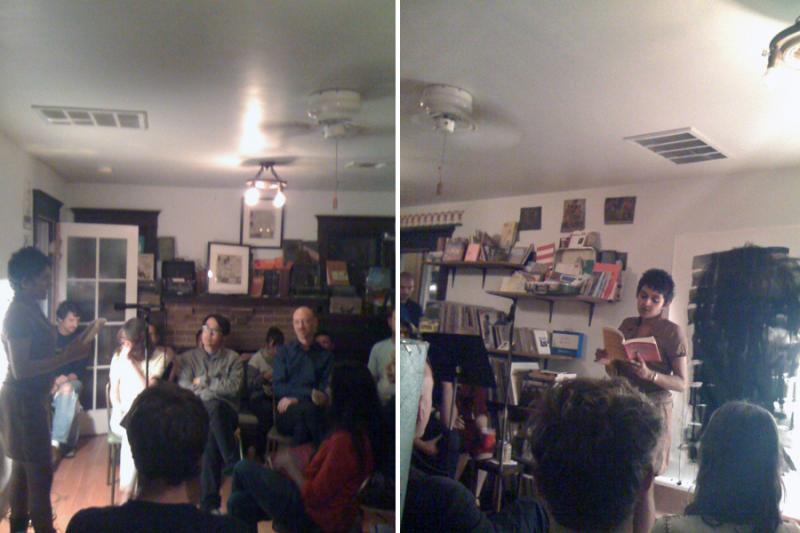 Left, Pireeni Sundaralingam in the front room introducing Indivisible and the reading; Right, Pireeni Sundaralingam in the front room reading from Indivisible in front of Mark Sylbert’s drawing.