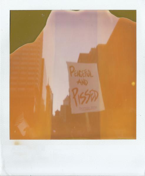 Polaroid image of protest, with sign reading "Peaceful and Pissed"